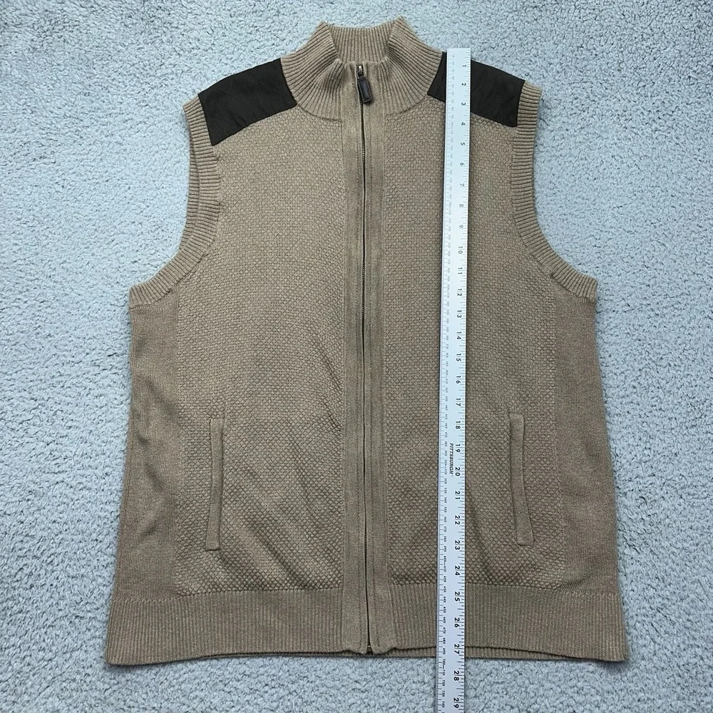 Roundtree & Yorke Mens Large Full Zip Sweater Vest Brown Knit Faux Leather Patch